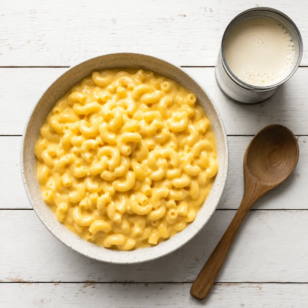 A bowl of Kraft-style mac and cheese next to evaporated milk the TikTok mac and cheese hack tested