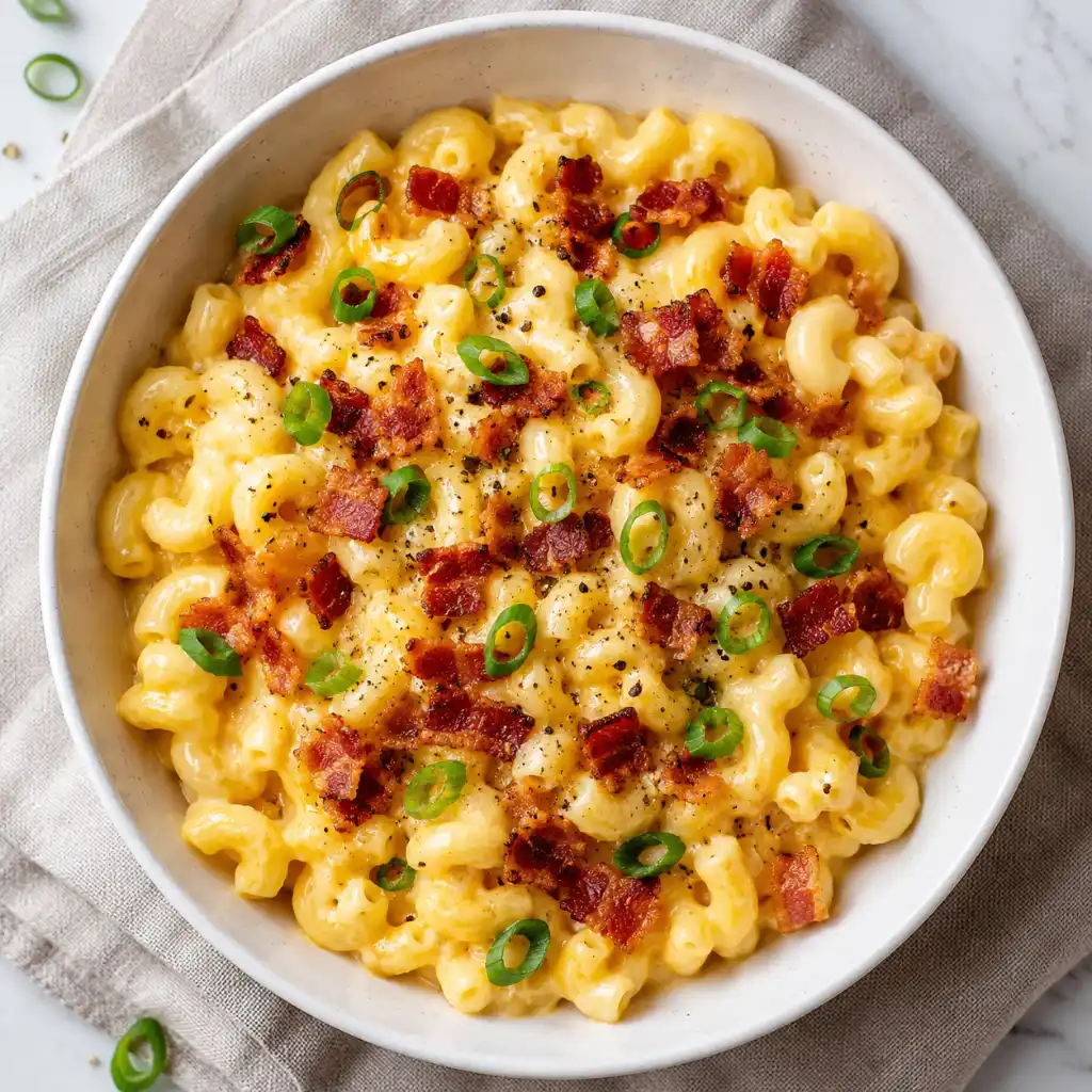 Macaroni and cheese topped with crispy bacon and green onions — a protein hack that turns mac into a full dinner