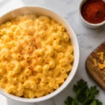 A bowl of creamy macaroni and cheese with smoked paprika and cheddar on a marble surface — macaroni hacks for a gourmet upgrade