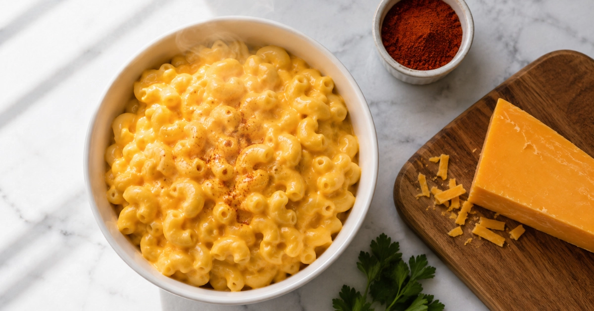 A bowl of creamy macaroni and cheese with smoked paprika and cheddar on a marble surface — macaroni hacks for a gourmet upgrade