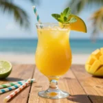 A vibrant and refreshing fresh mango margarita sits elegantly on a wooden table, surrounded by fresh mango slices and sprigs of mint. The drink, with its smooth, golden-yellow texture, is garnished with a salt rim and a lively lime wheel perched on the edge of the glass. Soft, natural lighting bathes the scene, emphasizing the drink’s glossy surface and creating a warm, inviting mood. In the blurred background, a bright tropical setting with palm leaves conveys a summer vibe, hinting at a sunny day. Use a shallow depth of field to focus on the margarita while creating an artistic blur of the background. This image should embody the essence of refreshing summer drinks, showcasing the margarita in a way that reflects skillful preparation. Brand name: TimesRecipes.