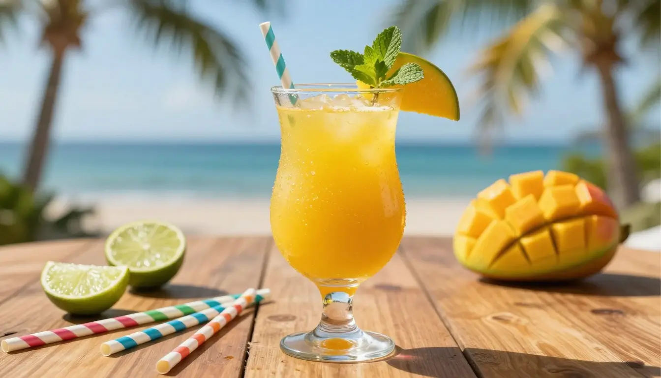 A vibrant and refreshing fresh mango margarita sits elegantly on a wooden table, surrounded by fresh mango slices and sprigs of mint. The drink, with its smooth, golden-yellow texture, is garnished with a salt rim and a lively lime wheel perched on the edge of the glass. Soft, natural lighting bathes the scene, emphasizing the drink’s glossy surface and creating a warm, inviting mood. In the blurred background, a bright tropical setting with palm leaves conveys a summer vibe, hinting at a sunny day. Use a shallow depth of field to focus on the margarita while creating an artistic blur of the background. This image should embody the essence of refreshing summer drinks, showcasing the margarita in a way that reflects skillful preparation. Brand name: TimesRecipes.