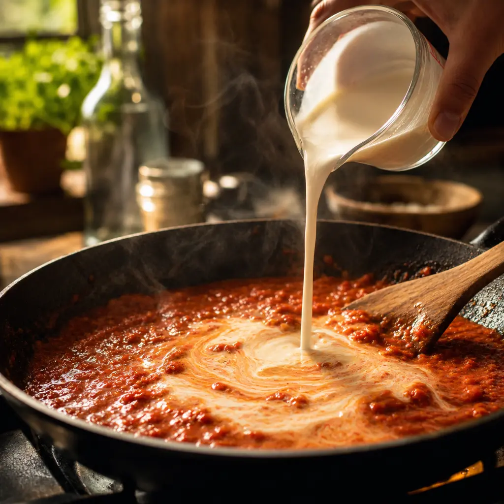 Heavy cream being poured into the vodka tomato sauce turning it orange-pink for penne alla vodka