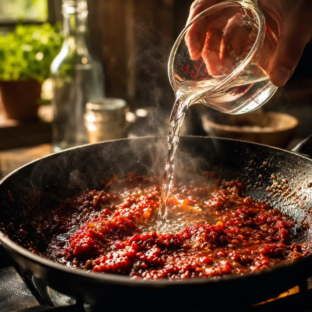 Pouring vodka into a pan of tomato paste to make creamy pasta vodka sauce