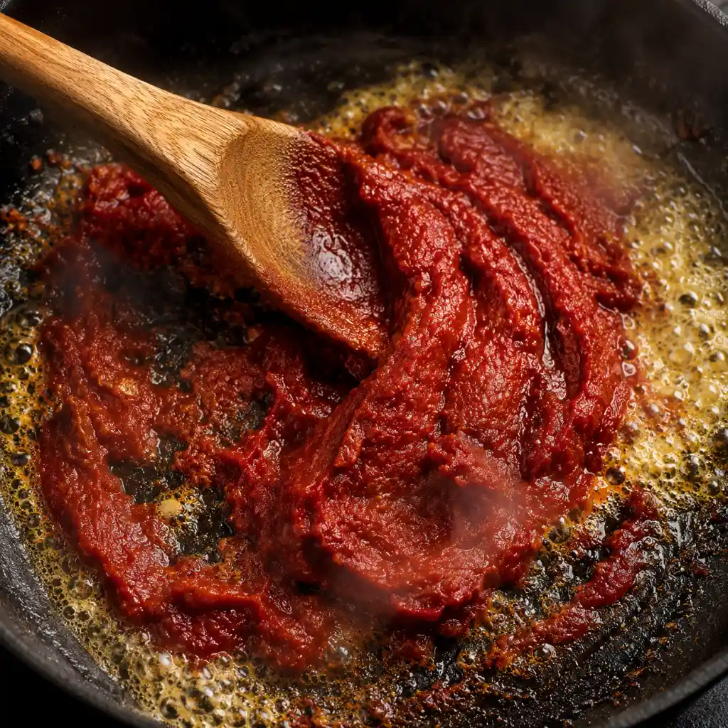 Tomato paste caramelizing in a skillet as the base for penne alla vodka sauce