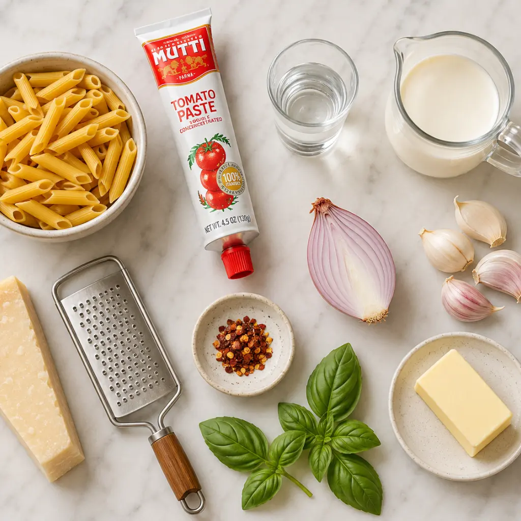 Flat lay of pasta vodka ingredients including penne, tomato paste, heavy cream, vodka, garlic and Parmesan