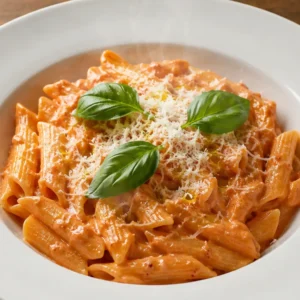 Creamy pasta vodka recipe card image — penne alla vodka in a white bowl with basil and Parmesan