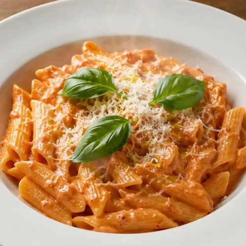 Creamy pasta vodka recipe card image — penne alla vodka in a white bowl with basil and Parmesan