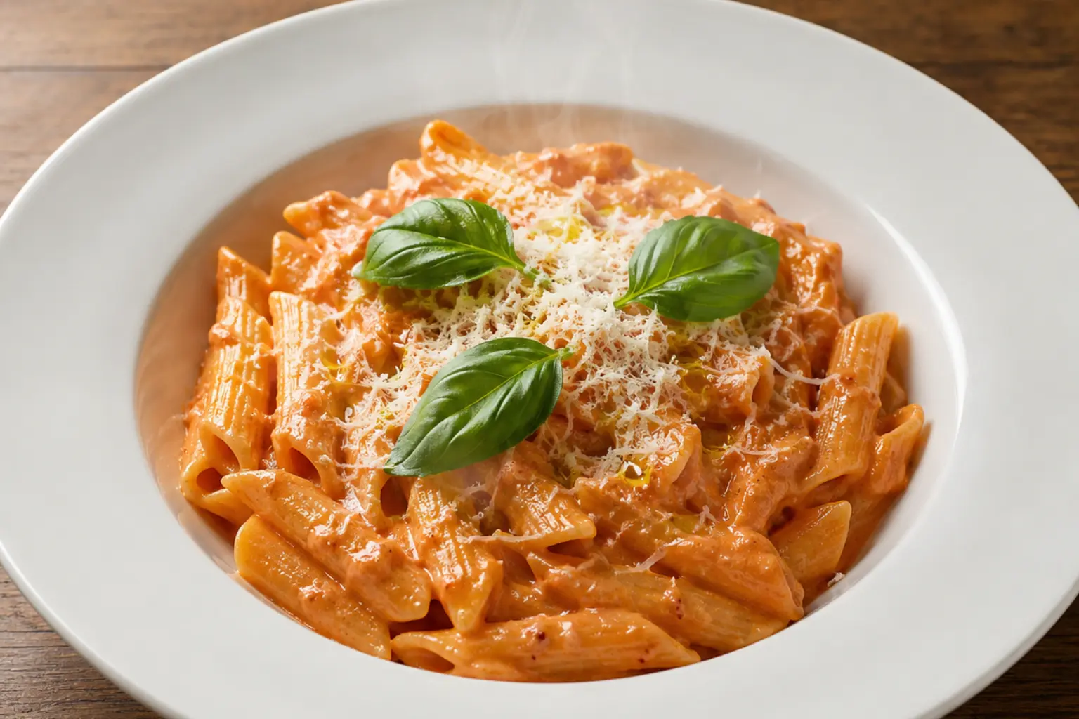 Creamy pasta vodka recipe card image — penne alla vodka in a white bowl with basil and Parmesan