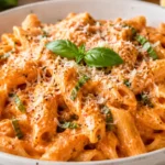 Creamy pasta vodka served in a white bowl topped with fresh basil and grated Parmesan