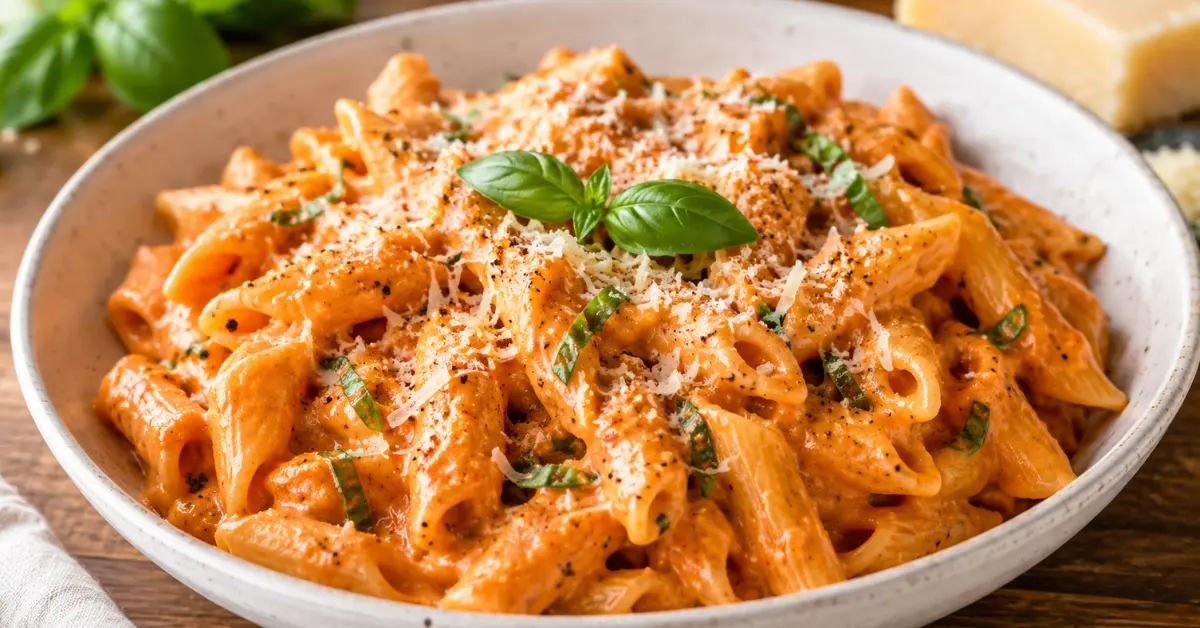 Creamy pasta vodka served in a white bowl topped with fresh basil and grated Parmesan
