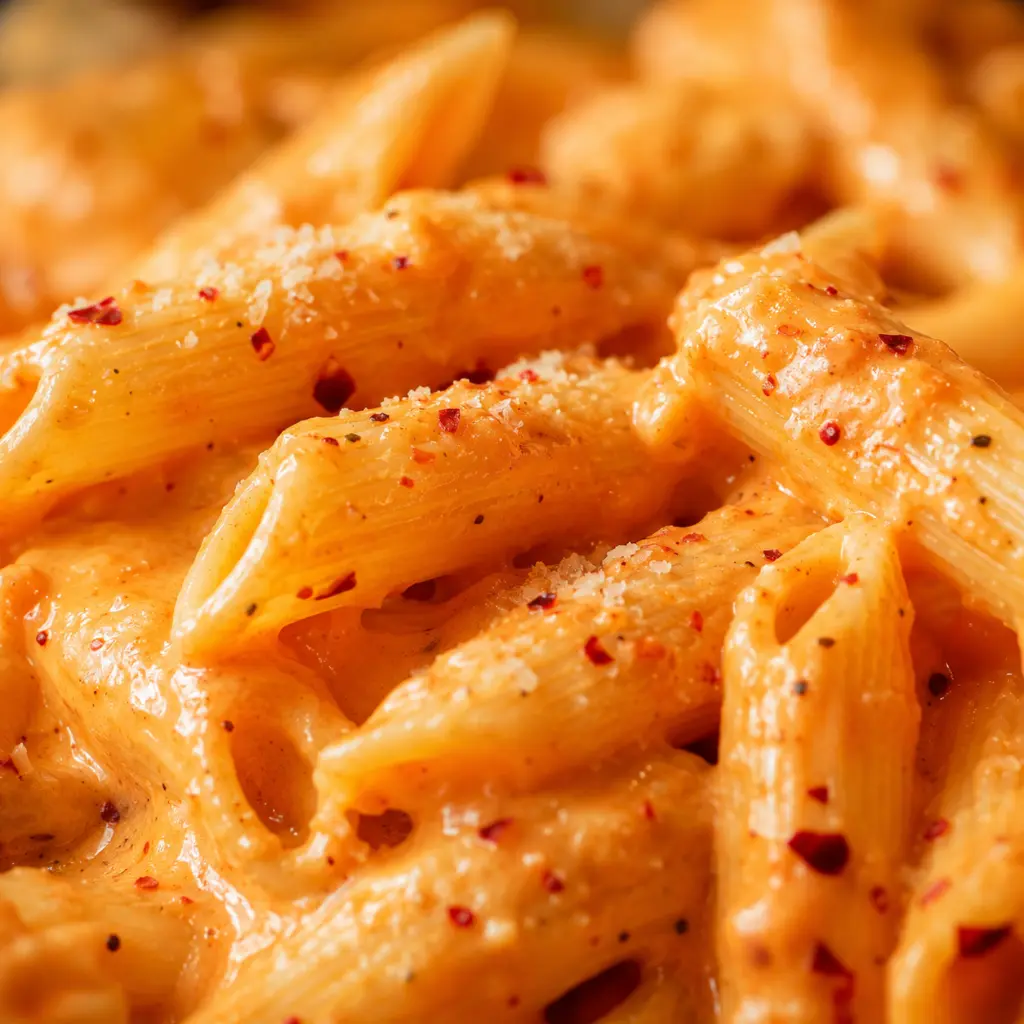 Close-up of silky pasta vodka sauce coating penne with a creamy orange-pink color