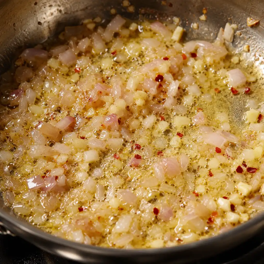 Shallots and garlic sautéing in butter in a pan for pasta vodka sauce