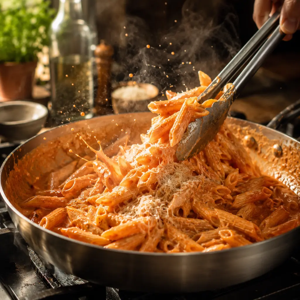 Penne pasta being tossed in creamy pasta vodka sauce with a splash of pasta water