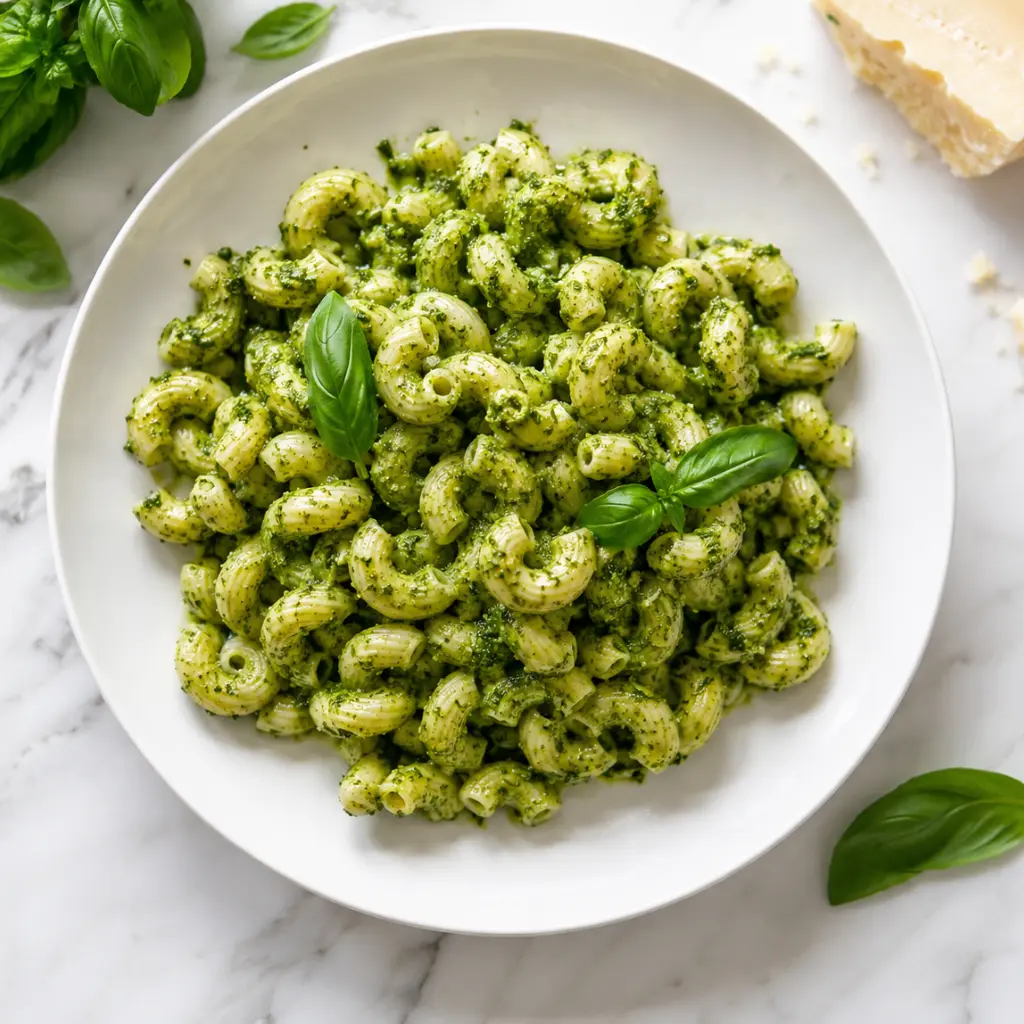 Pesto macaroni with fresh basil and parmesan — what to add to plain macaroni beyond cheese sauce