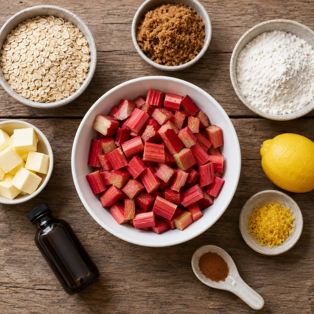 Rhubarb crisp ingredients laid out on a wooden surface including fresh rhubarb, oats, brown sugar, butter and lemon
