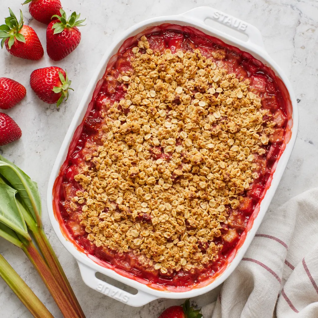 Baked strawberry rhubarb crisp in a white ceramic dish with golden oat topping and pink jammy filling