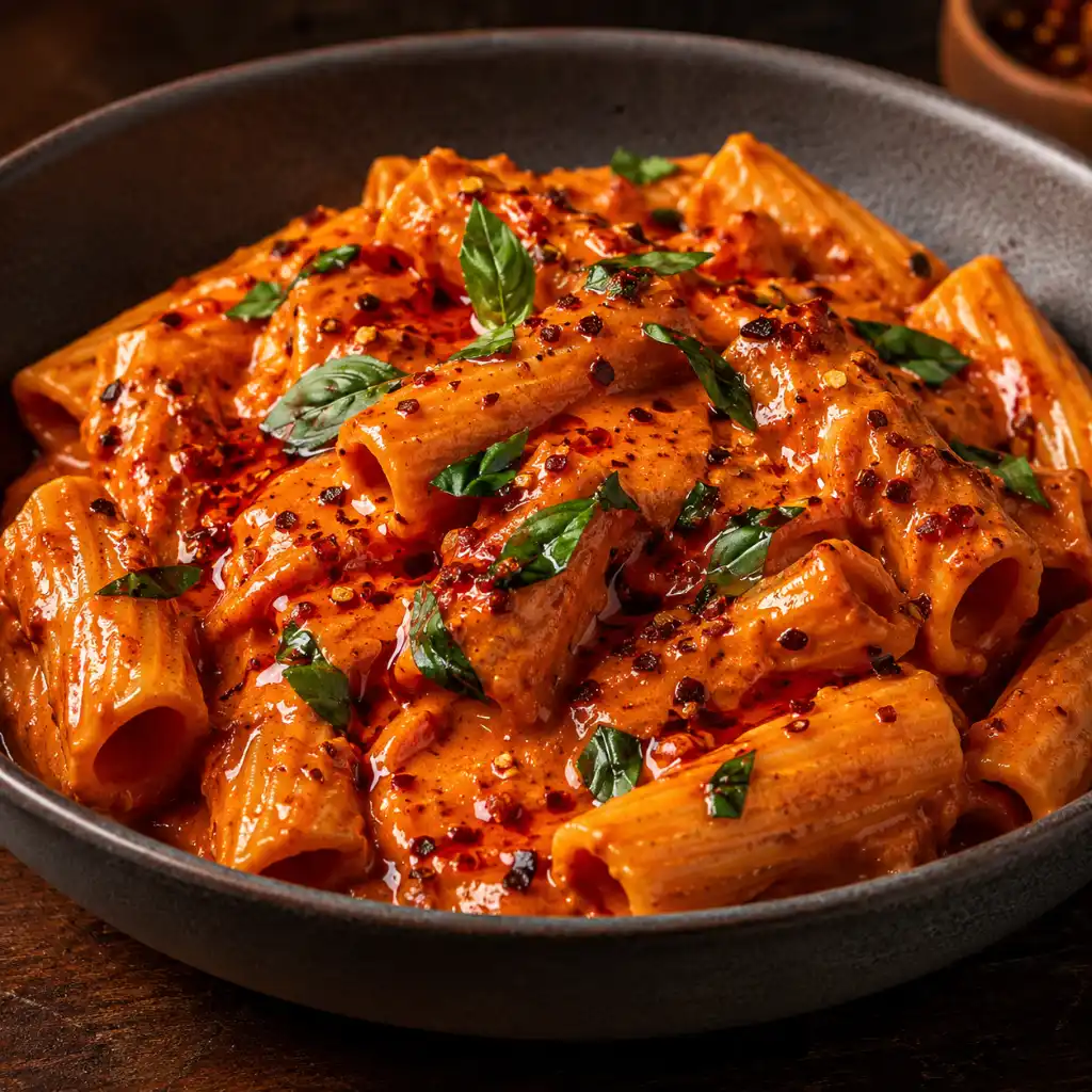 Spicy rigatoni alla vodka in a deep bowl with chili oil drizzle and red pepper flakes