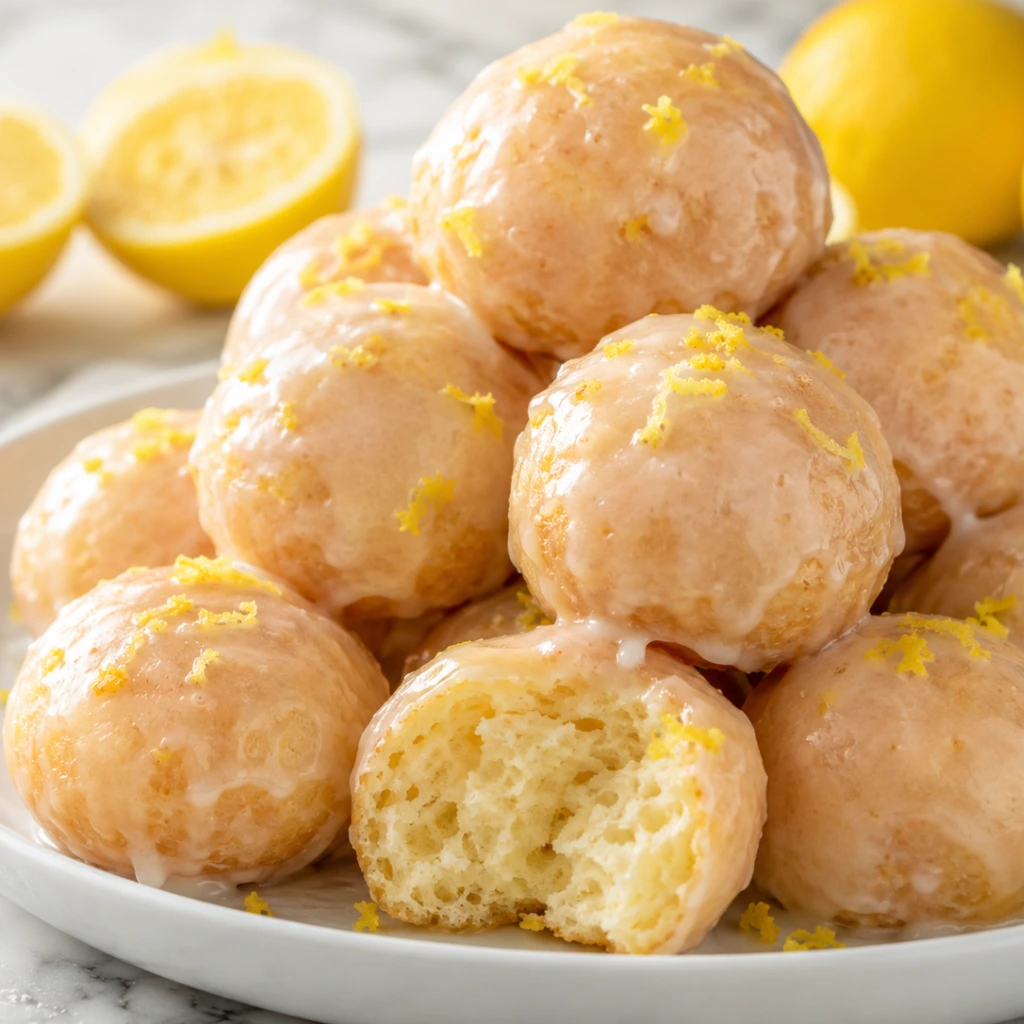 Recipe card image for 4 ingredient lemon donuts with glazed lemon donut holes, fresh lemon zest, and quick baking tips.