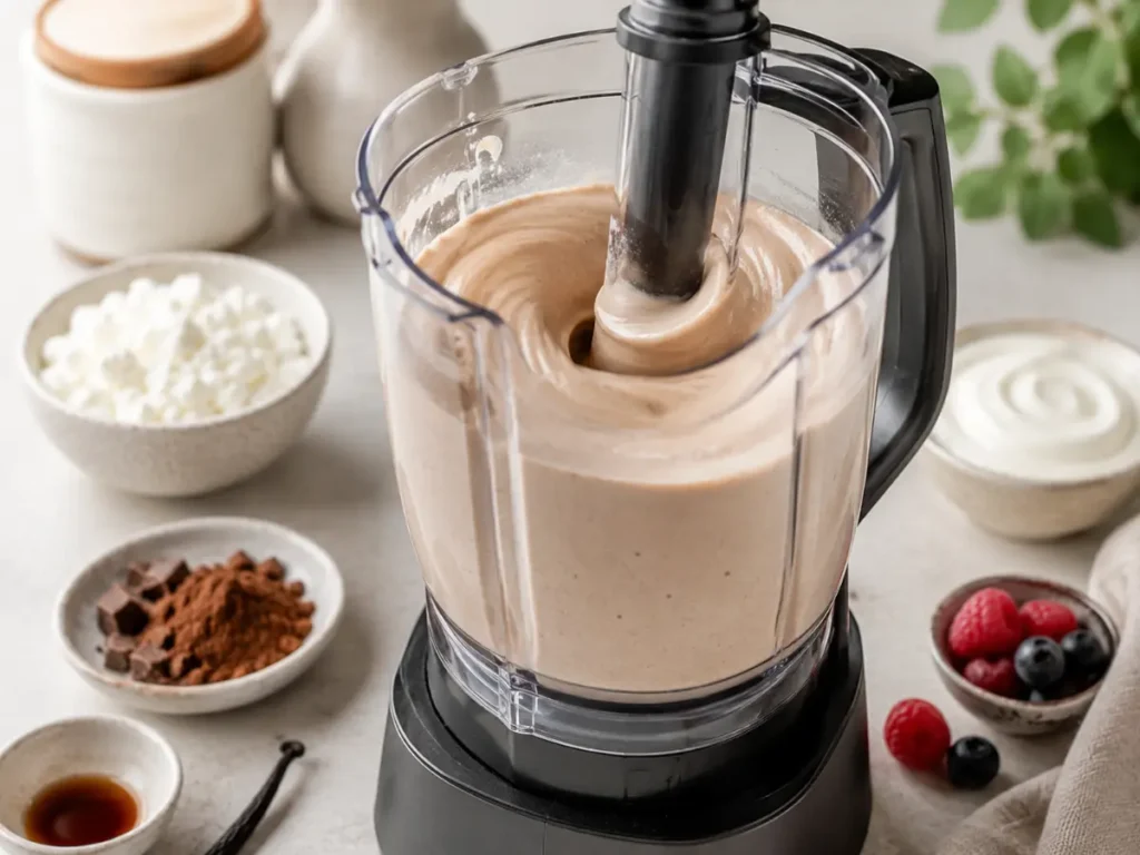 Blending a smooth high protein ice cream base with cottage cheese, Greek yogurt, cocoa, vanilla, and berries before freezing.