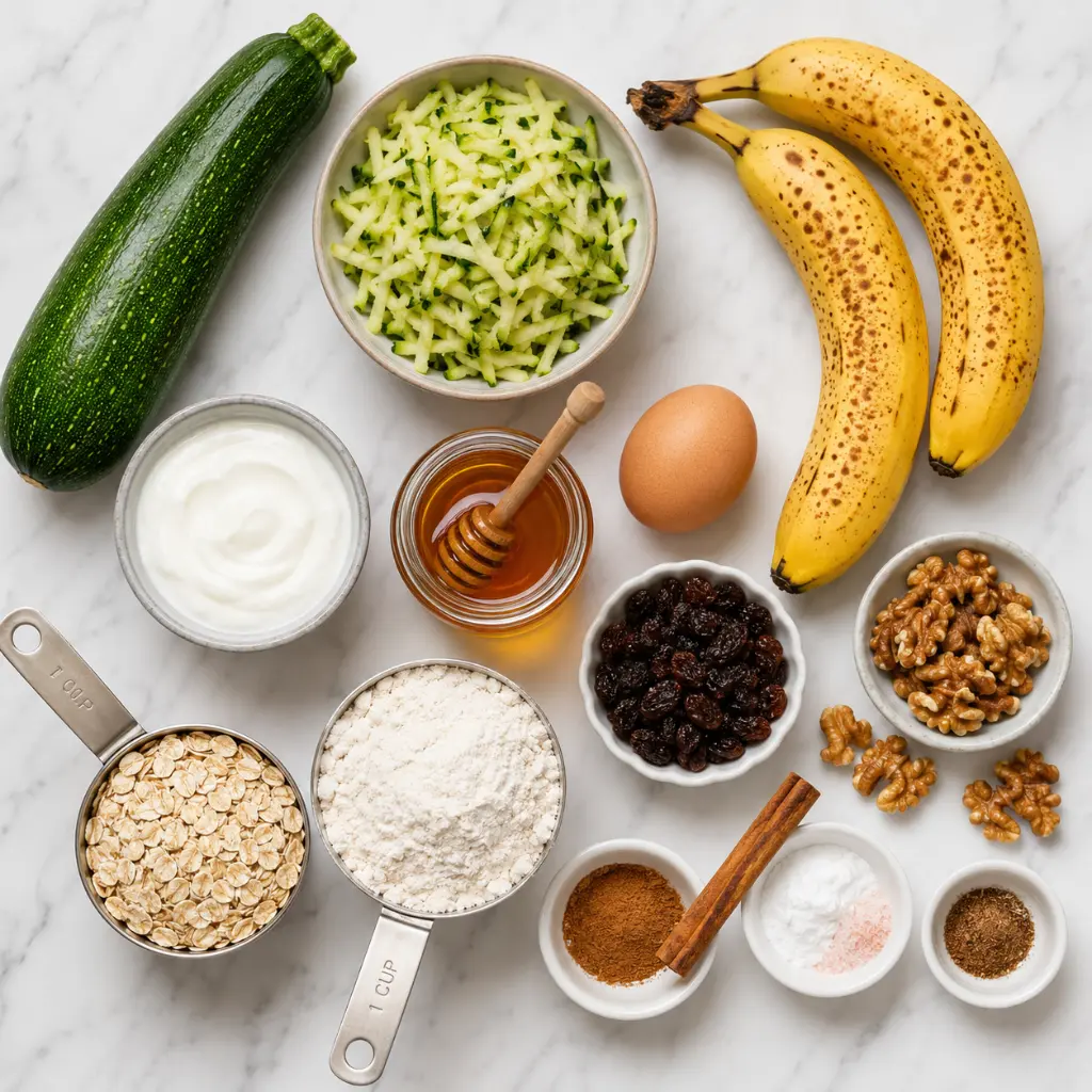 Flat lay of healthy zucchini muffin ingredients: zucchini, bananas, Greek yogurt, oats, honey, flour, and spices