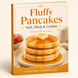 Fluffy Pancakes printable recipe guide by Chef Linda featuring soft thick golden pancakes with butter and maple syrup.