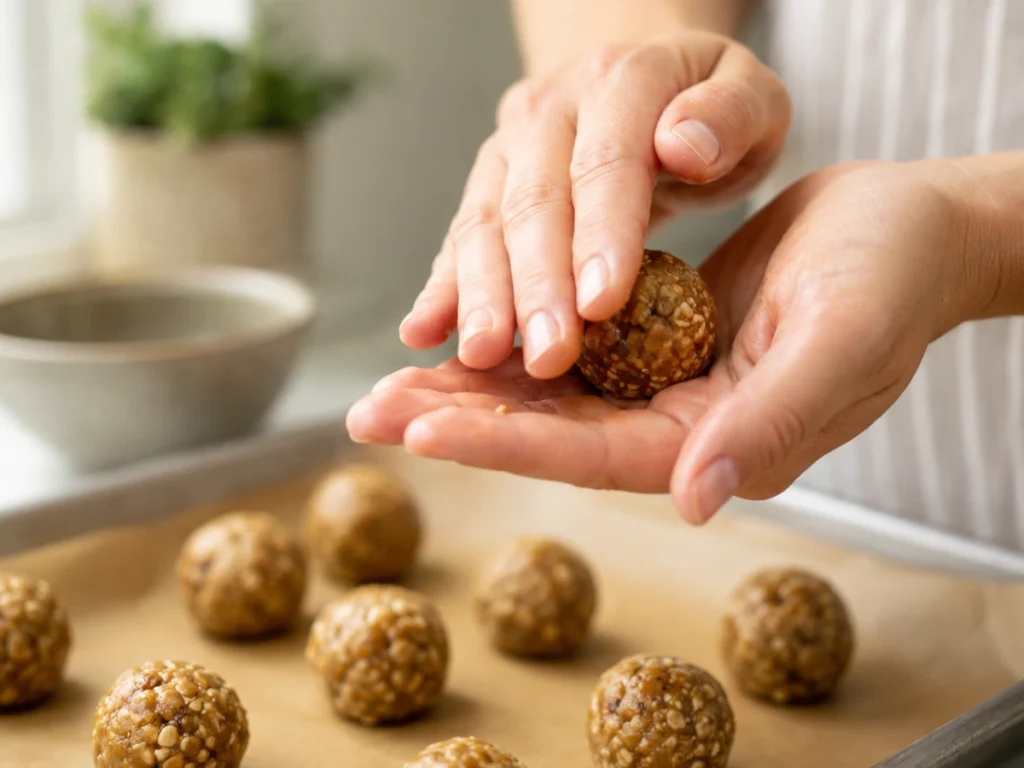 Hands rolling a no-bake energy ball between palms over a parchment-lined tray with finished balls visible in the background