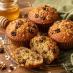 Healthy zucchini muffins with oats and Greek yogurt, golden-domed and cooling on a wire rack with one split open to show the moist crumb