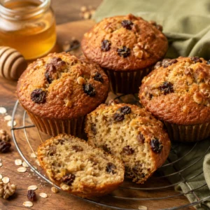 Healthy zucchini muffins with oats and Greek yogurt, golden-domed and cooling on a wire rack with one split open to show the moist crumb