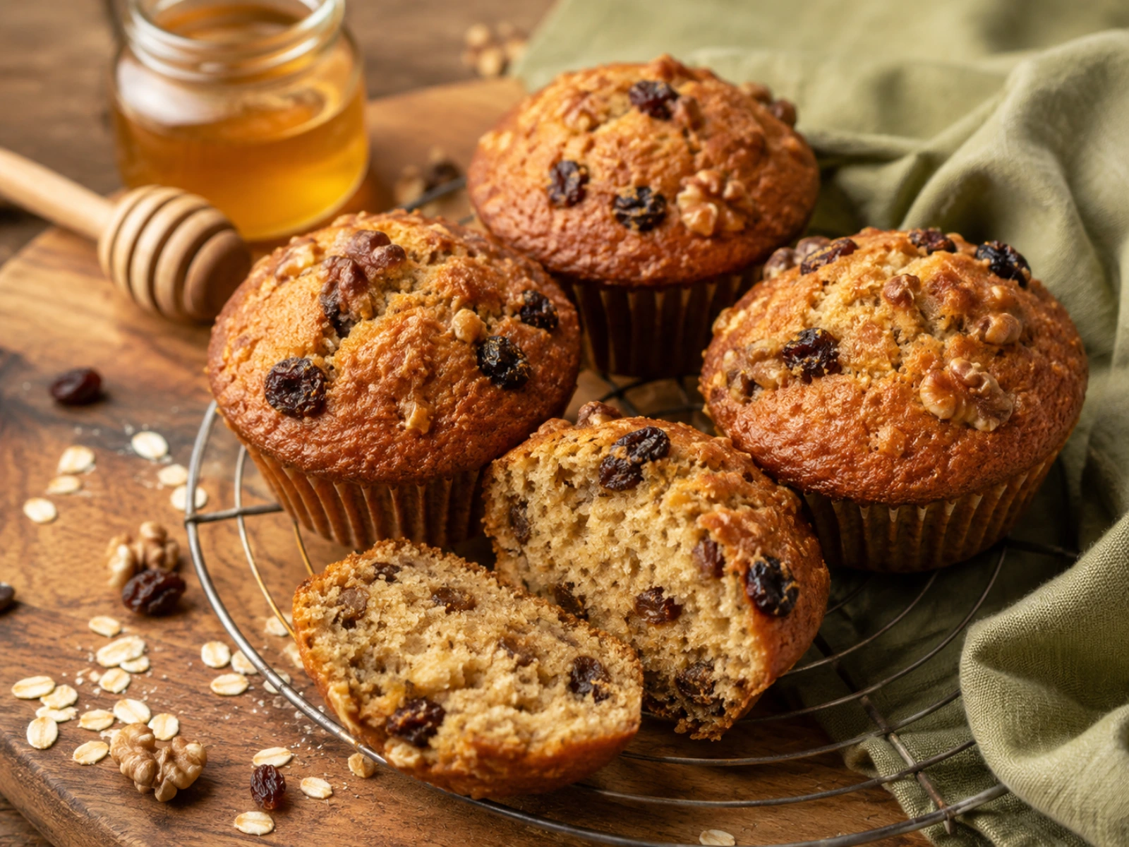 Healthy zucchini muffins with oats and Greek yogurt, golden-domed and cooling on a wire rack with one split open to show the moist crumb