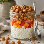 High-protein cottage cheese snack jar layered with everything bagel seasoning, bell pepper and crispy chickpeas