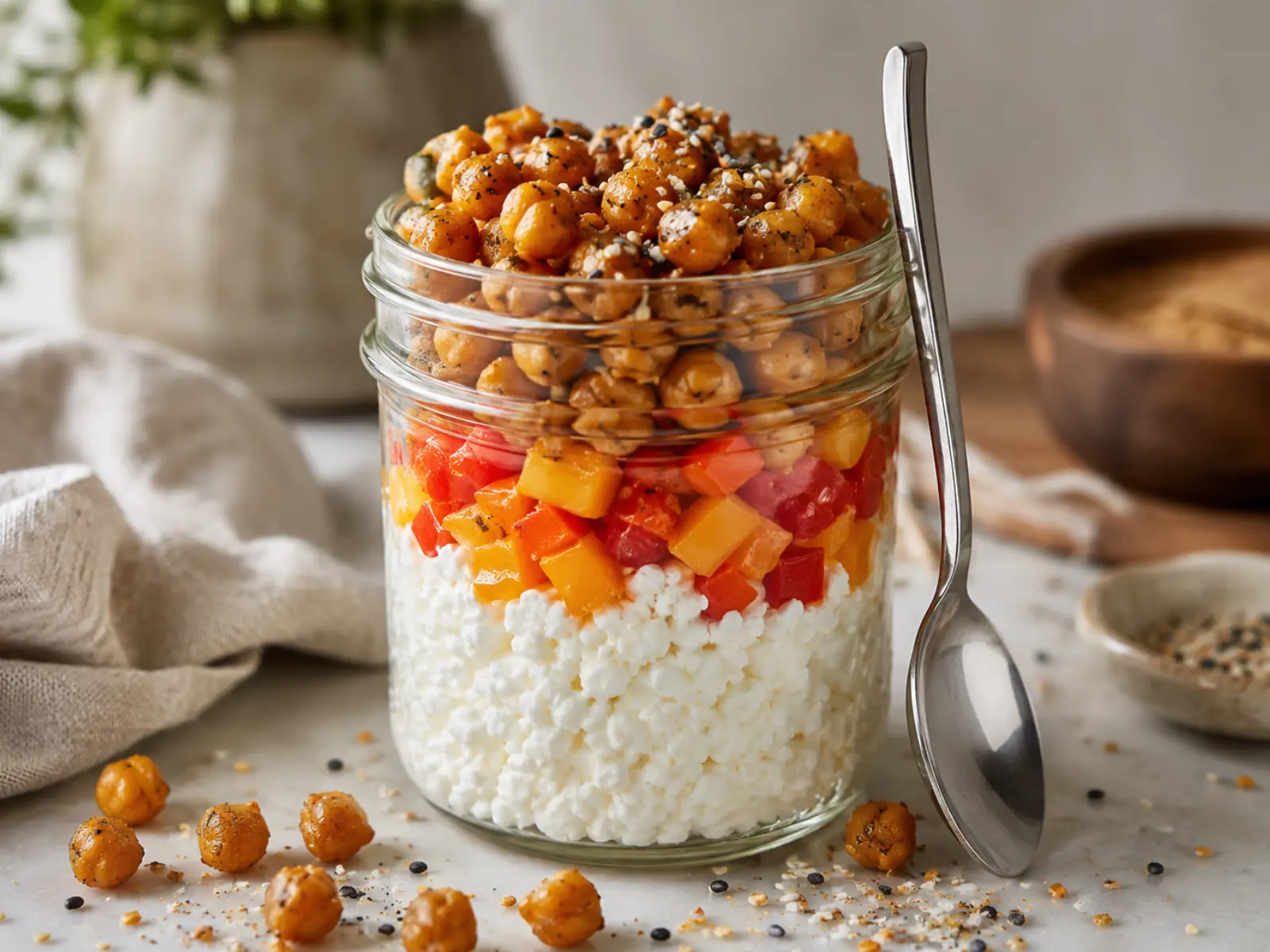 High-protein cottage cheese snack jar layered with everything bagel seasoning, bell pepper and crispy chickpeas