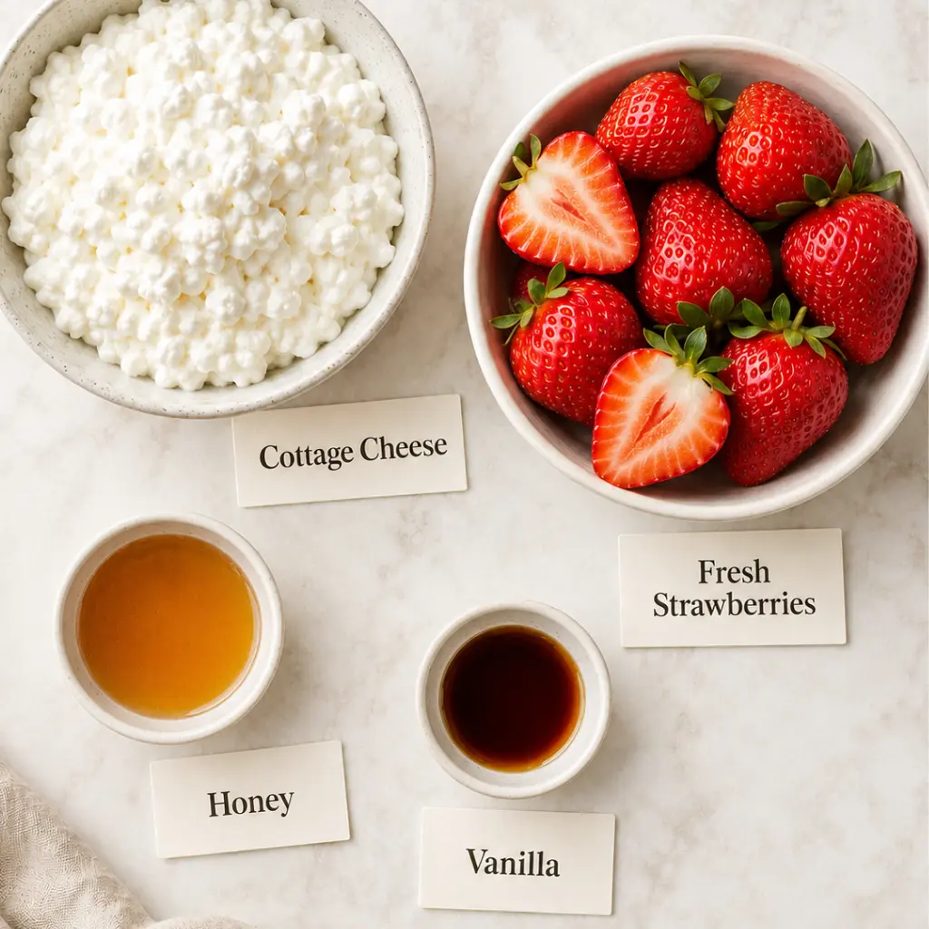 Ingredients for strawberry cottage cheese ice cream including cottage cheese, fresh strawberries, honey and vanilla