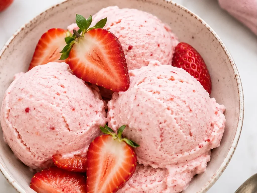 Keto strawberry cottage cheese ice cream in a bowl topped with fresh strawberries