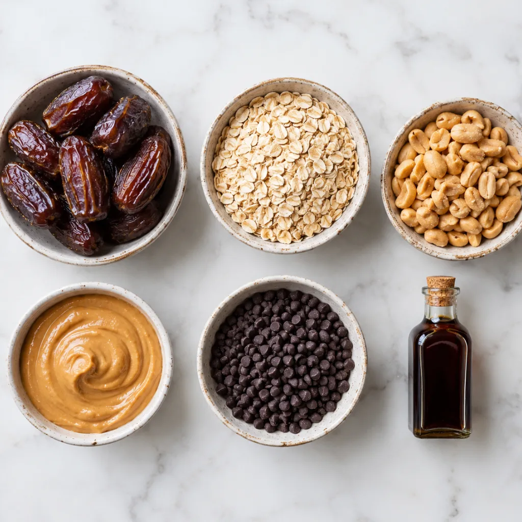 Flat lay of Snickers energy balls ingredients — Medjool dates, rolled oats, roasted peanuts, peanut butter, chocolate chips, and vanilla extract