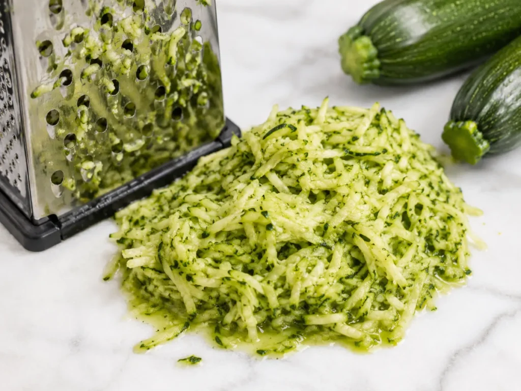 Freshly grated zucchini on a cutting board next to a box grater — no squeezing or draining needed for these healthy zucchini muffins