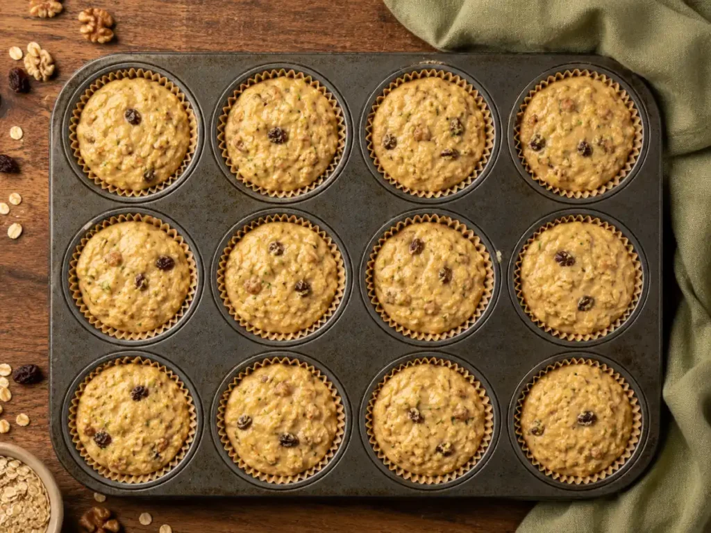 Freshly baked healthy zucchini muffins with golden-brown domed tops cooling on a wire rack