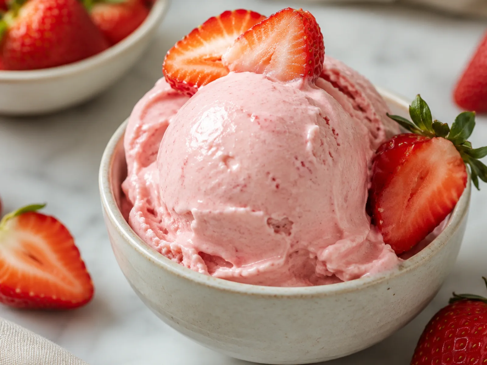 Strawberry Cottage Cheese Ice Cream scooped in a bowl with fresh strawberries, creamy high-protein homemade dessert.