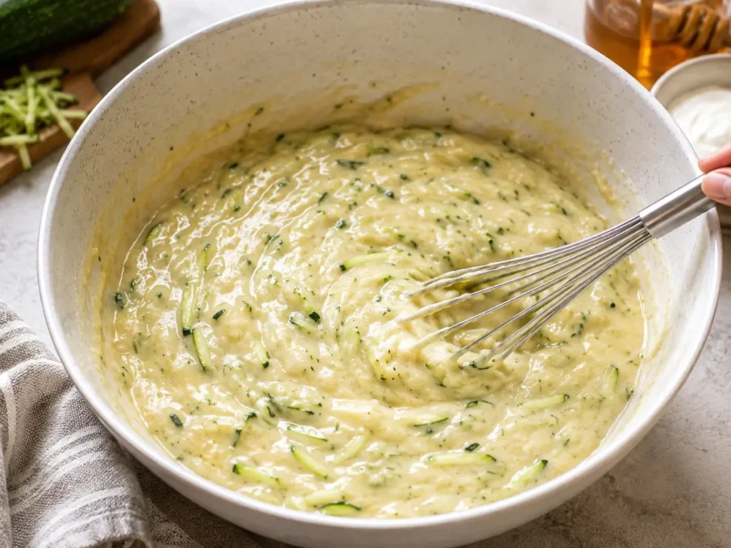 Healthy zucchini muffin wet batter in a large bowl with mashed banana, Greek yogurt, honey, and grated zucchini combined