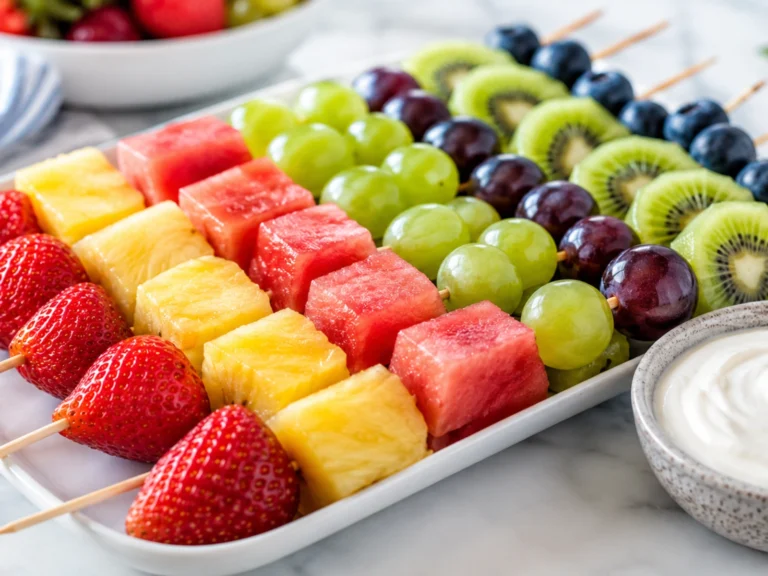 Fruit Kabobs: 20 Easy Ideas for Parties & Kids (Plus the No-Brown Trick) Colorful fruit kabobs on skewers served with a yogurt dip on a white platter