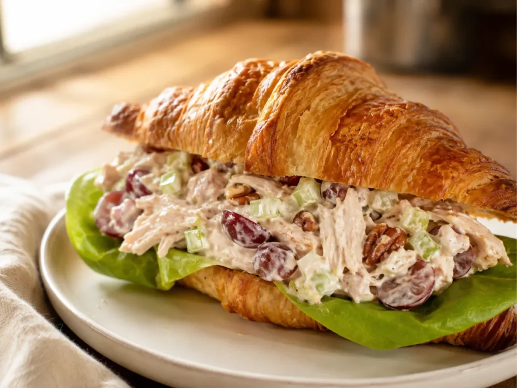 Chicken salad with grapes served on a buttery croissant with a lettuce leaf for an easy lunch
