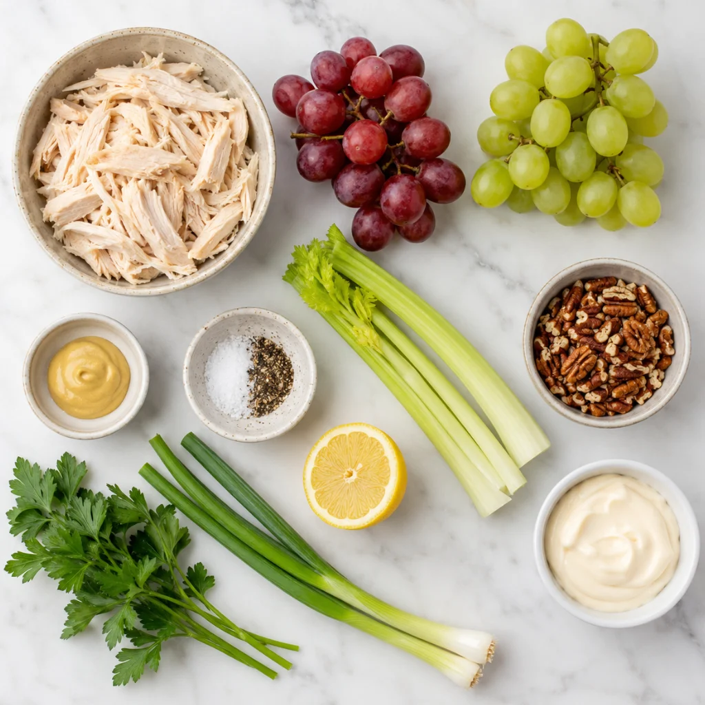 Ingredients for chicken salad with grapes including shredded chicken, red grapes, celery, pecans, mayo, and fresh herbs