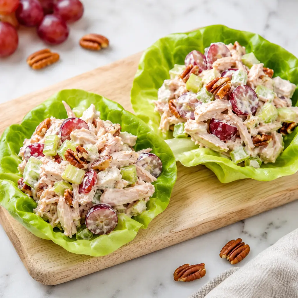 Chicken salad with grapes recipe served in butter lettuce cups for a light low-carb lunch