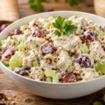 Chicken salad with grapes served in a white bowl with celery, pecans, and creamy dressing