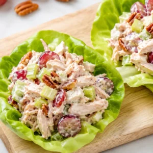 Chicken salad with grapes recipe card image — creamy chicken salad with red grapes, celery, and pecans