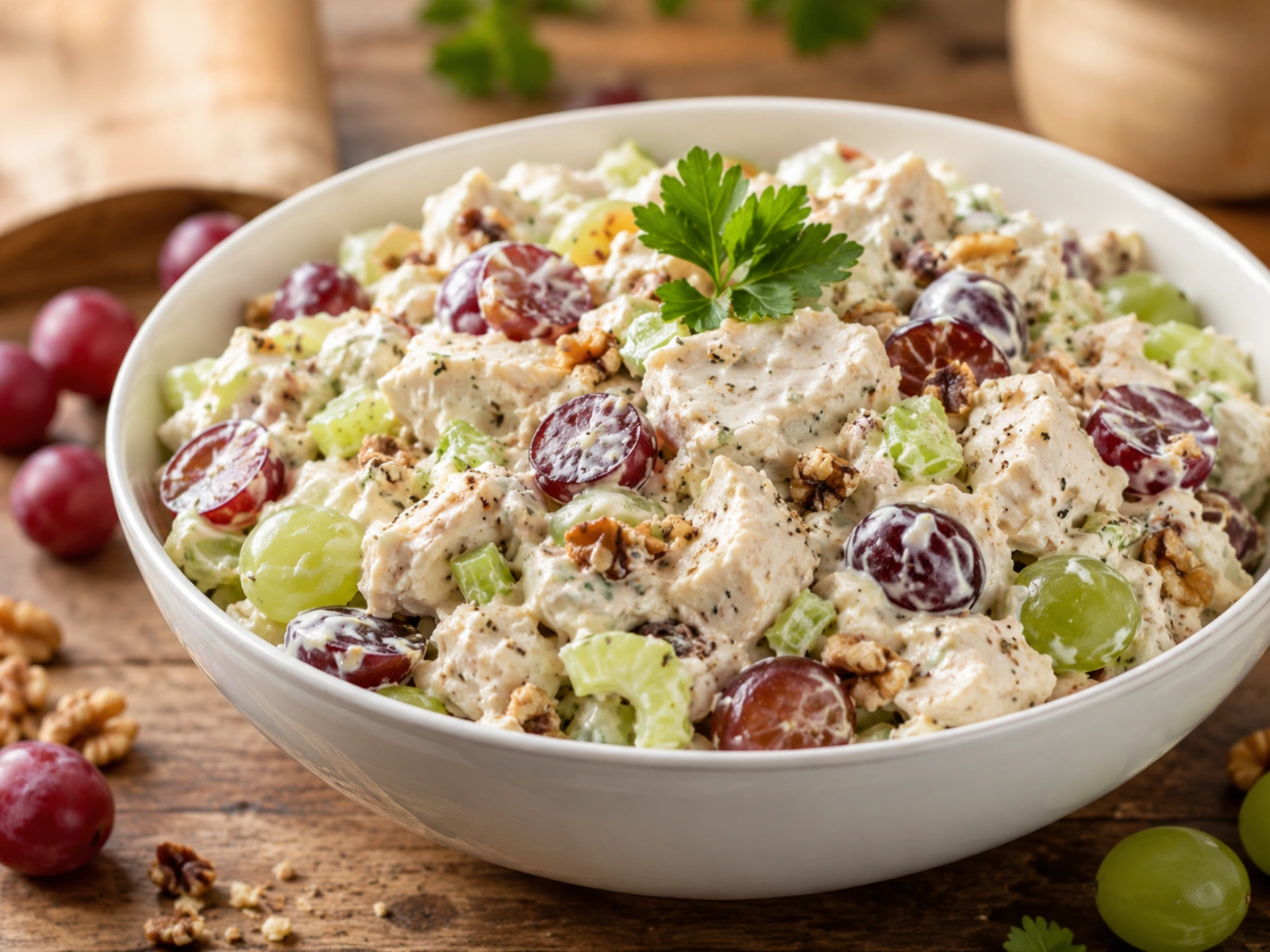 Chicken salad with grapes served in a white bowl with celery, pecans, and creamy dressing