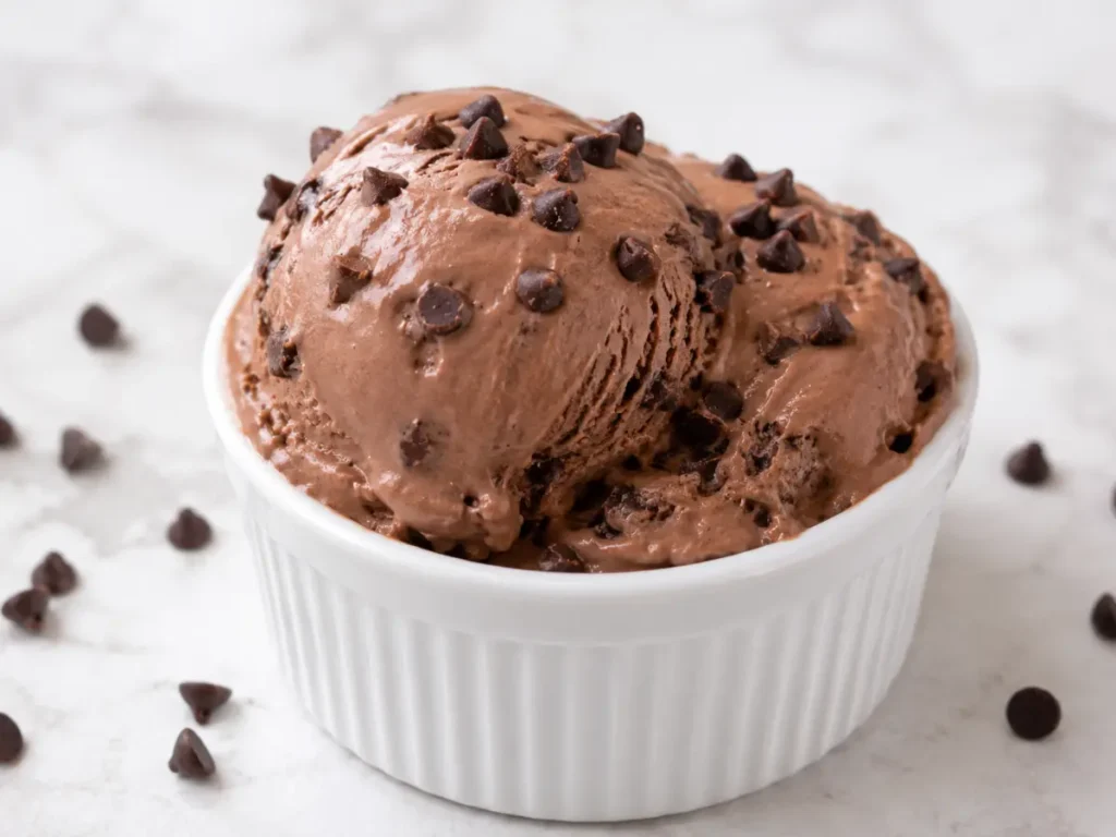 High protein chocolate cottage cheese ice cream in a white ramekin topped with mini chocolate chips, made with no ice cream machine.