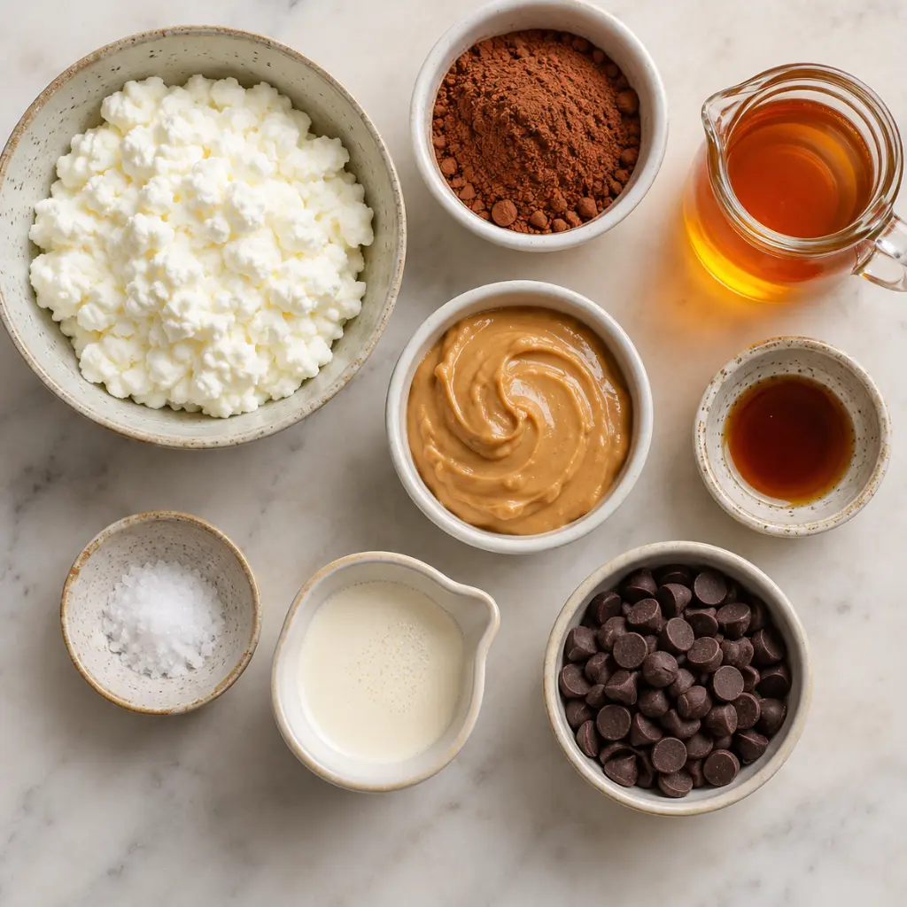 Ingredients for Chocolate Cottage Cheese Ice Cream with cottage cheese, cocoa powder, honey, nut butter, vanilla, salt, cream, and chocolate chips on a marble surface.