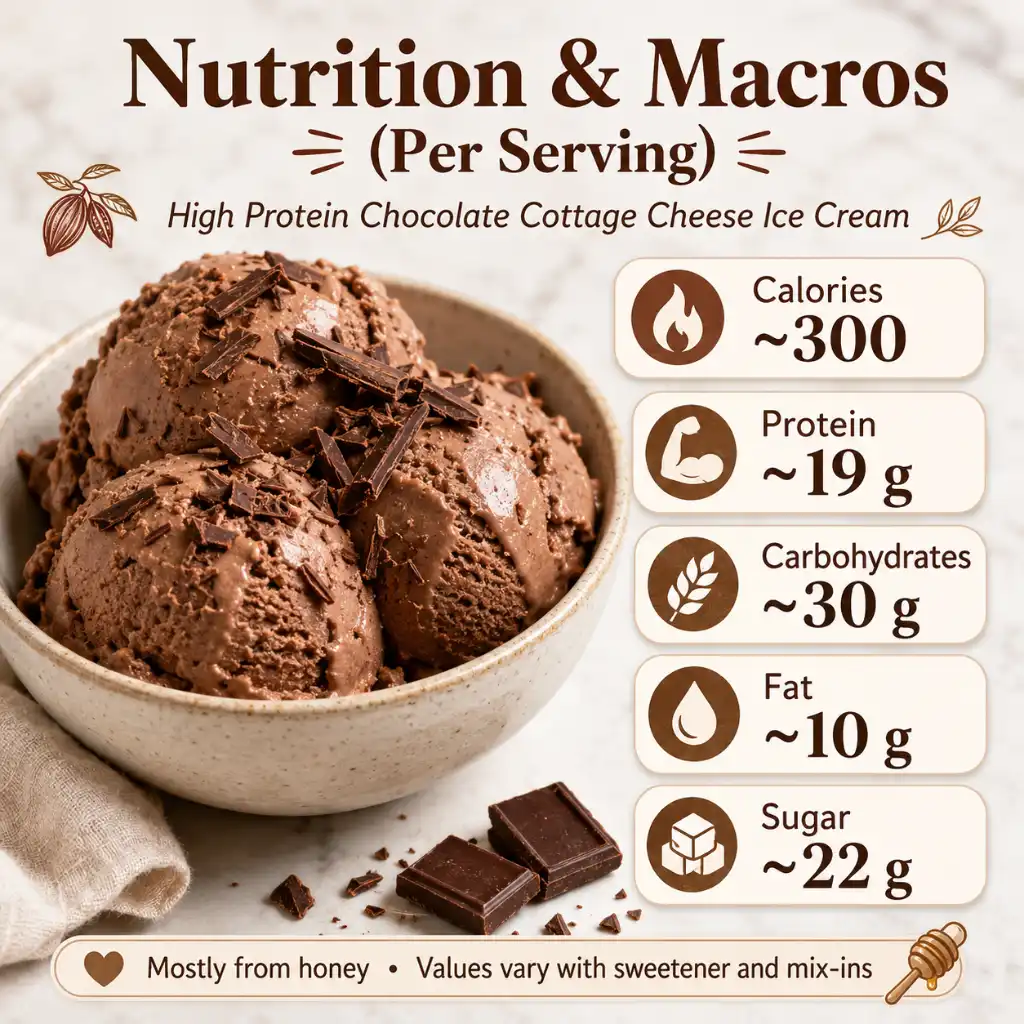 Chocolate Cottage Cheese Ice Cream nutrition and macros infographic with calories, protein, carbs, fat, and sugar per serving.