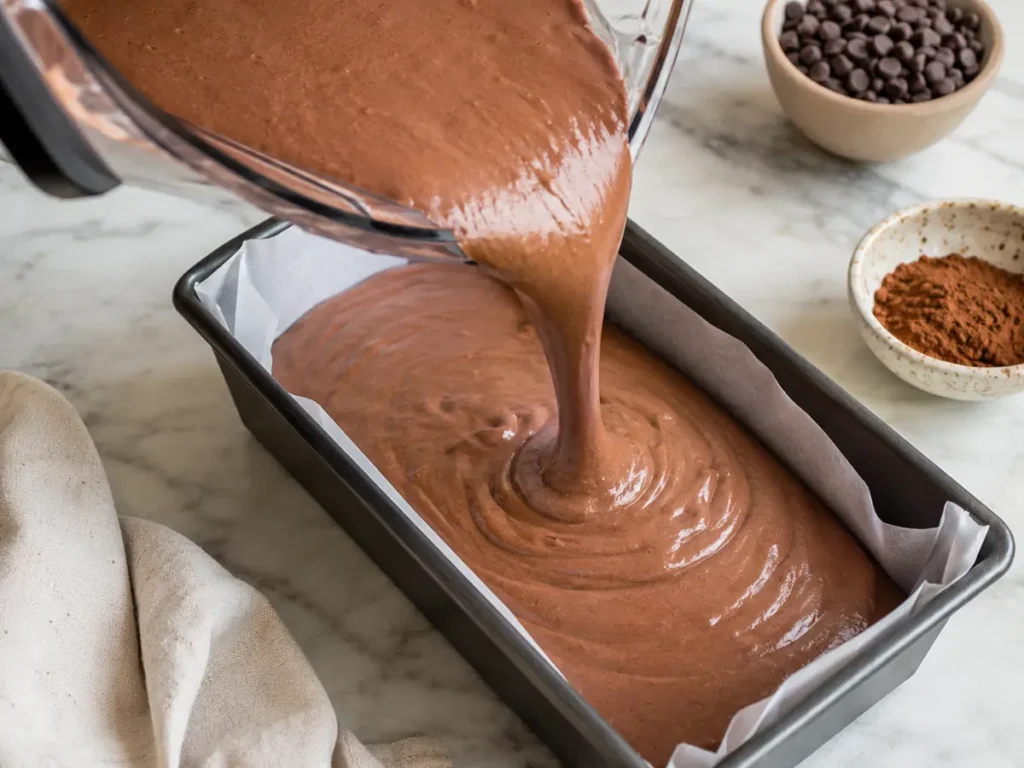 Blended Chocolate Cottage Cheese Ice Cream base poured into a loaf pan before freezing, made with creamy cottage cheese, cocoa powder, and chocolate chips.